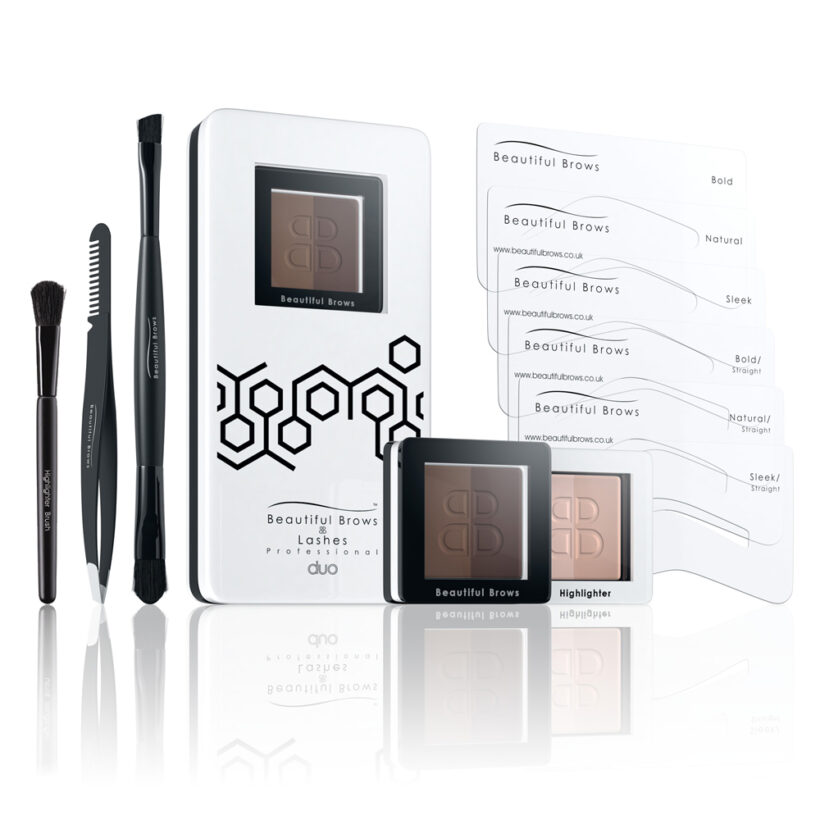 Beautiful Brows Sada na úpravu a barvení obočí: šablony, pinzeta, štětce, rozjasňovač, zrcátko, pudry odstín Dark Brown a Chocolate 2x 1,985g