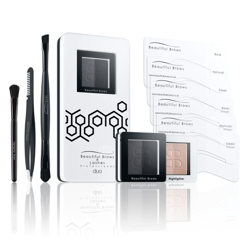Beautiful Brows Sada na úpravu a barvení obočí: šablony, pinzeta, štětce, rozjasňovač, zrcátko, pudry odstín Slate a Black 2x 1,985g
